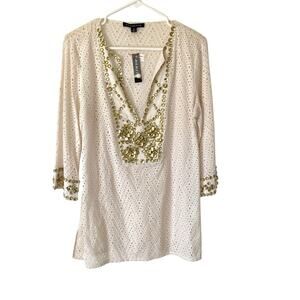Juliette NWTs Cream Eyelet Gold Beaded Embellished Pool Swim Cover Up Medium